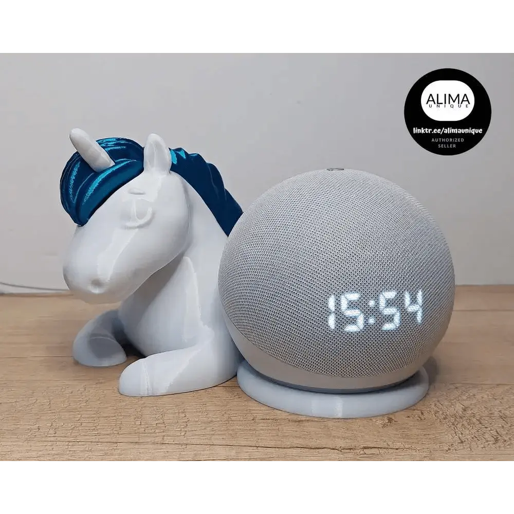 Schlafendes Einhorn als Halter für Echo Dot 5 - 20 cm lang - weiß mit türkisfarbener (metallic) Mähne & Schweif- 3D-Druck - - megahobby3dcreations