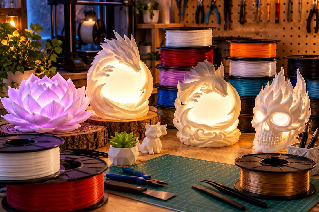 Gedruckter Lampenschirm mit LED-Modul und Filament auf der Werkbank