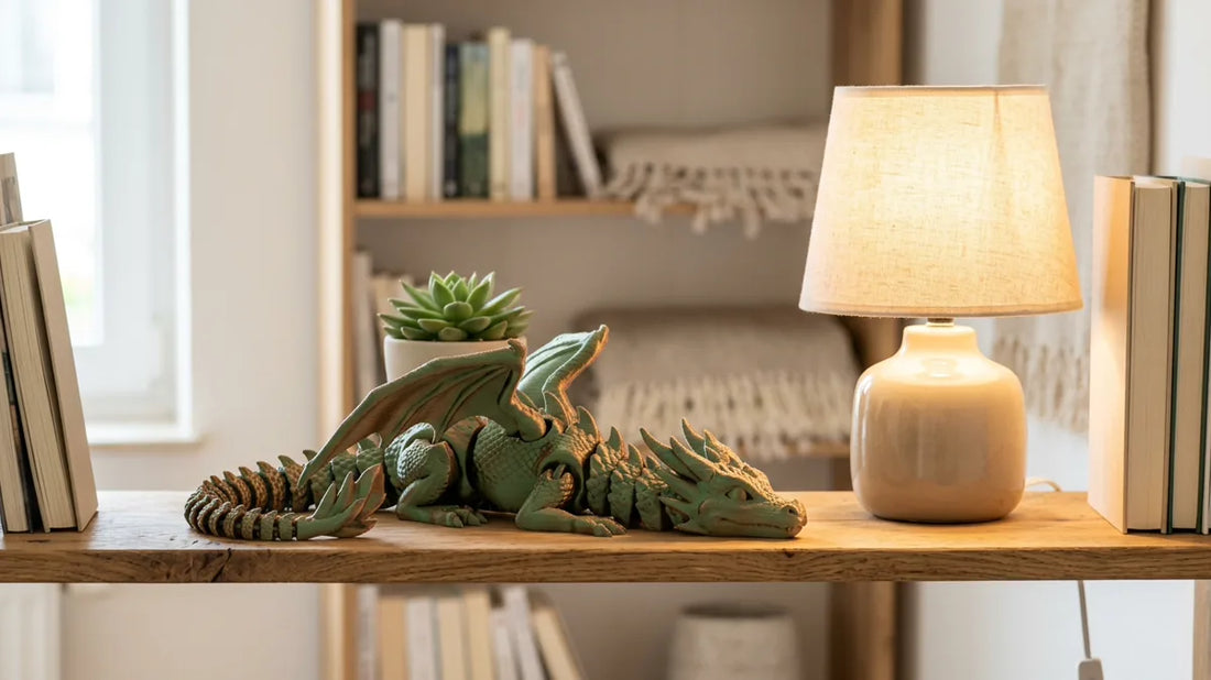 Beweglicher Drache aus dem 3D-Druck auf einem Bücherregal neben einer Lampe