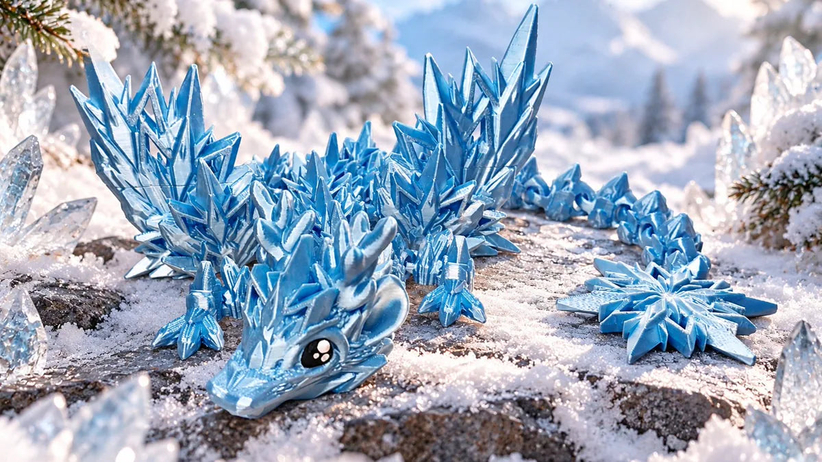 Beweglicher 3D-gedruckter Drache mit geschwungenem Körper auf einem Holzregal