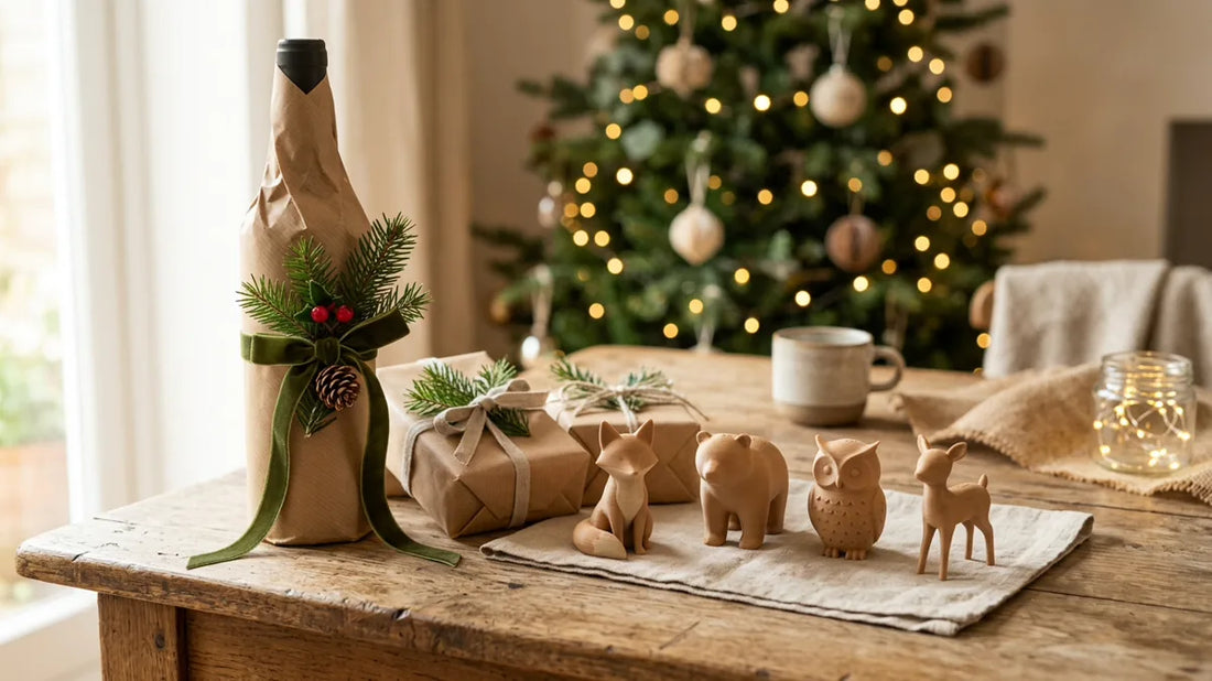 Kleine 3D-gedruckte Figuren als Wichtelgeschenke zwischen Geschenkpapier und Schleifen
