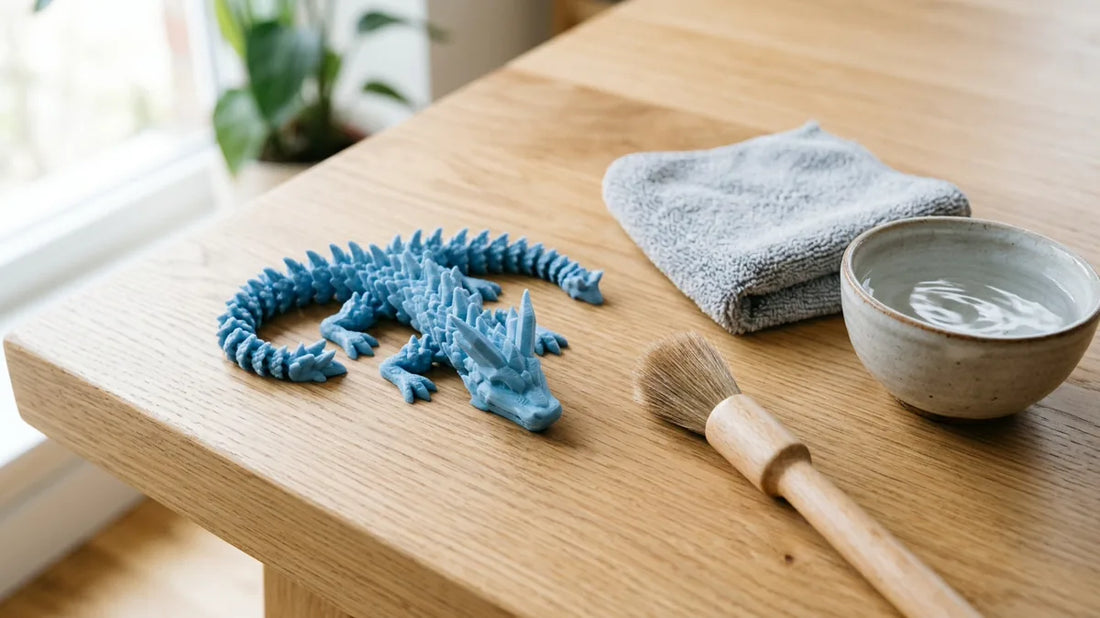 Drachenfigur aus 3D-Druck mit Pinsel und Tuch zur schonenden Reinigung