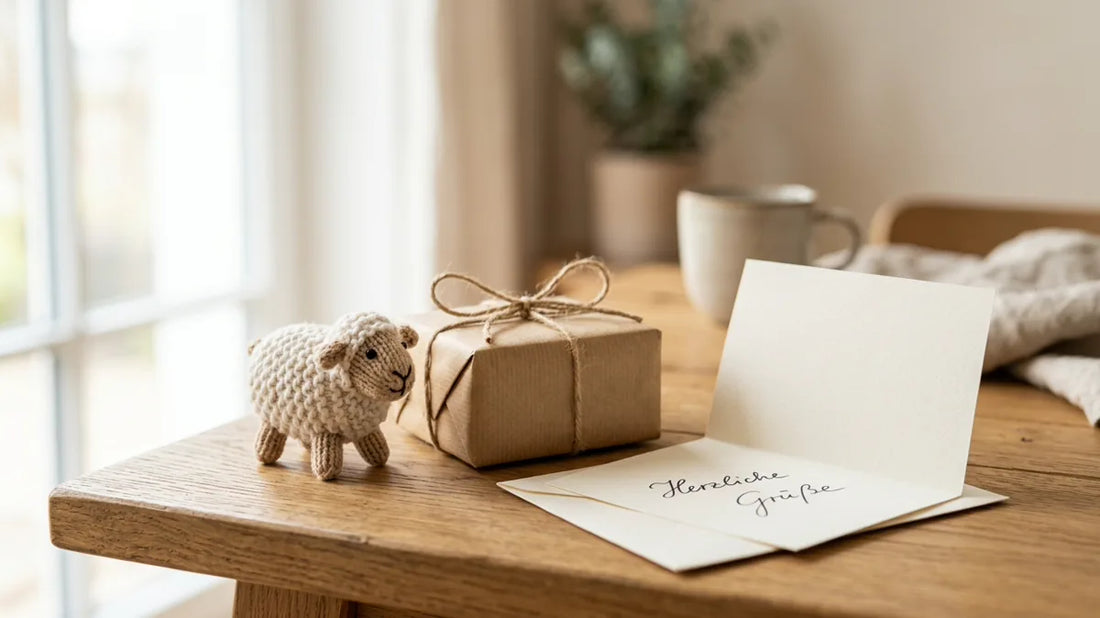 Kleine Dekofigur neben einer Geschenkbox mit Packpapier und Kordel
