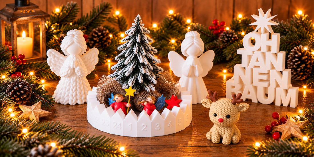 3D-gedruckte Weihnachtsanhänger und Rentierfigur auf einem Holztisch mit Tannenzweigen
