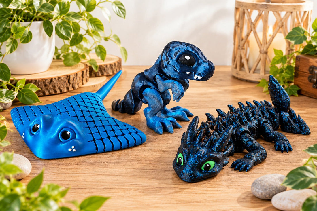 Bewegliche Tierfiguren aus 3D-Druck auf einem Holzregal