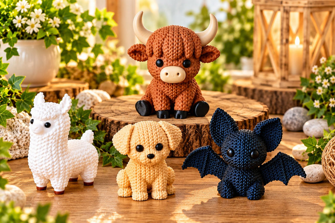 Regal mit Tierfiguren im Strick-Look, Lampe und Geschenkband