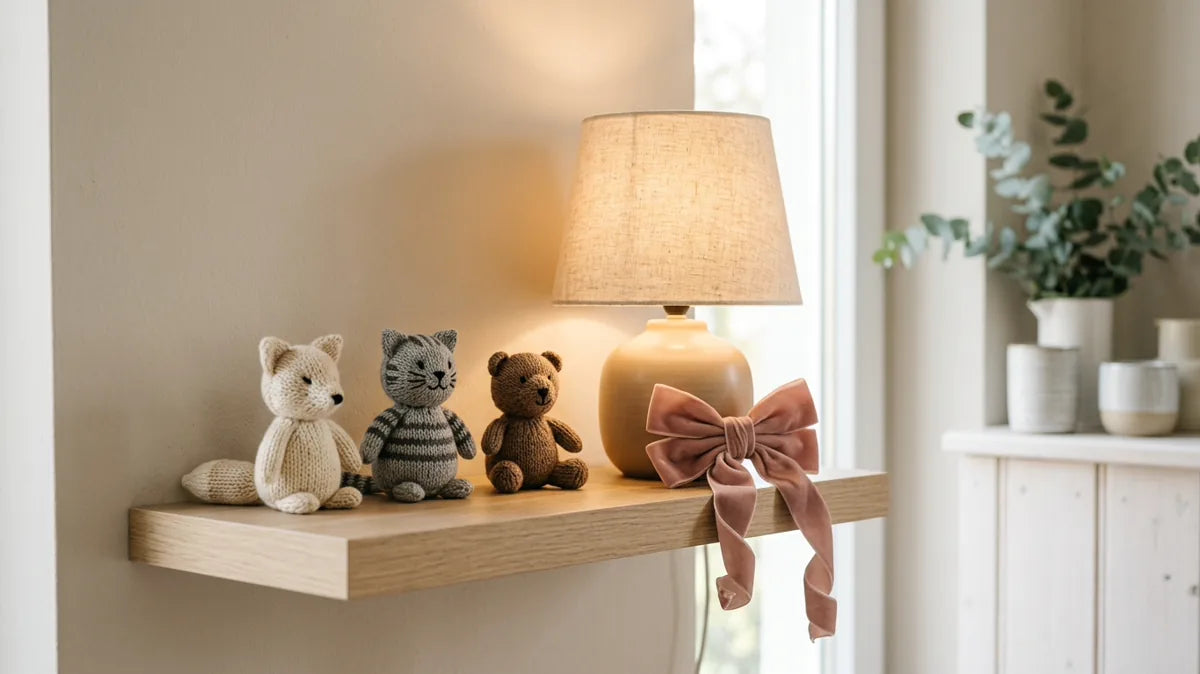 Regal mit Tierfiguren im Strick-Look, Lampe und Geschenkband
