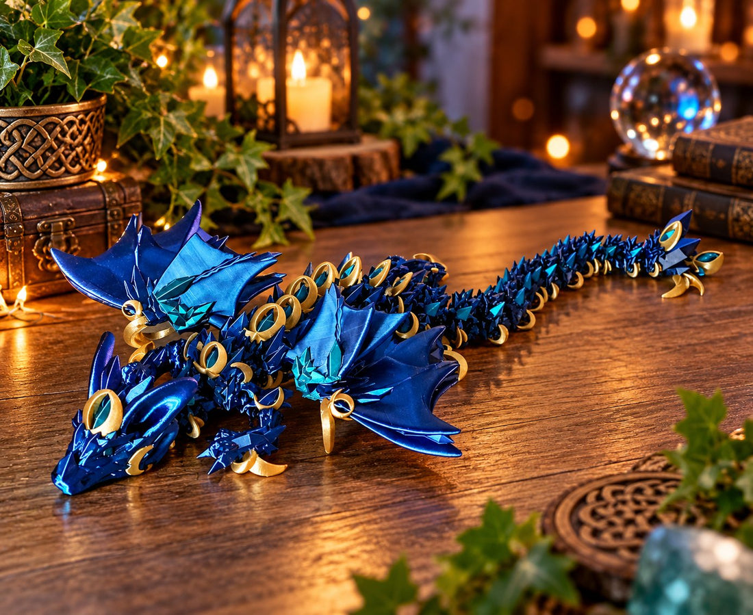Beweglicher Drache aus 3D-Druck auf einem Tuch neben einem weichen Pinsel
