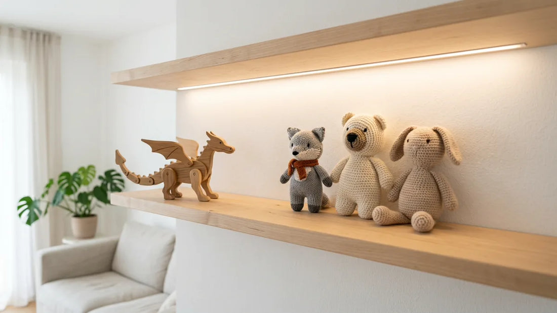 Helles Regal mit gruppierten Tierfiguren, warmem Licht und freien Flächen