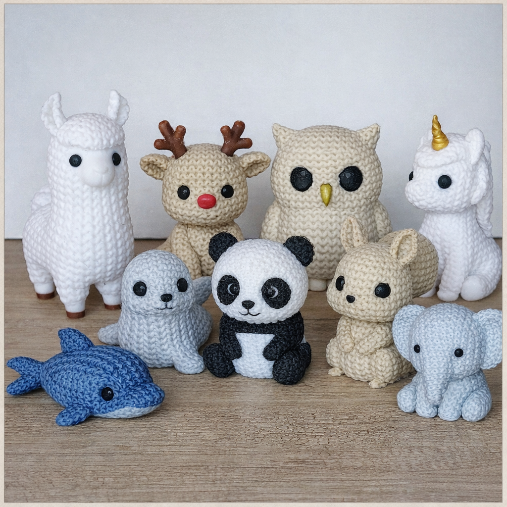 Crocheted animal figures including panda, owl, unicorn, and dolphin on wooden surface, megahobby 3D creations