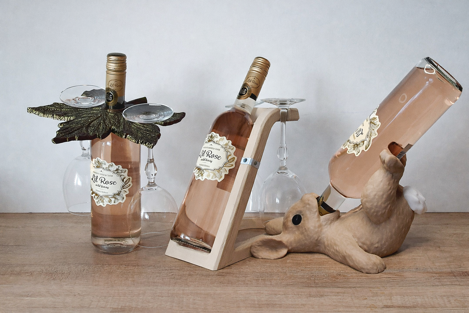 3D printed wine bottle and glass holders, including a bunny, on wooden table, megahobby3dcreations