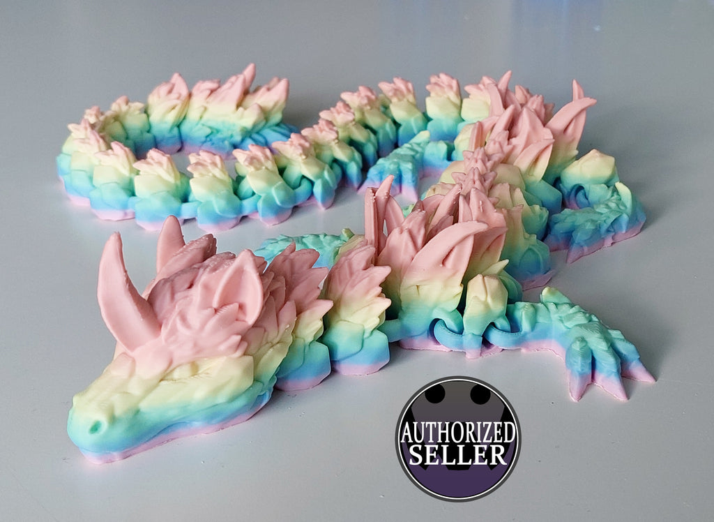 58 cm langer beweglicher Einhorn-Drache aus hochwertigem 3D-Druck mit matter Regenbogen-Farbgebung und handbemalten Augen.