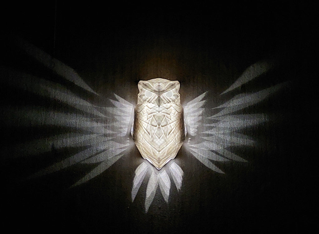 Weiße Eulen-Wandlampe aus hochwertigem 3D-Druck mit LED-Beleuchtung als Nachtlicht und dekorative Wandlampe für Kinderzimmer oder Wohnzimmer.