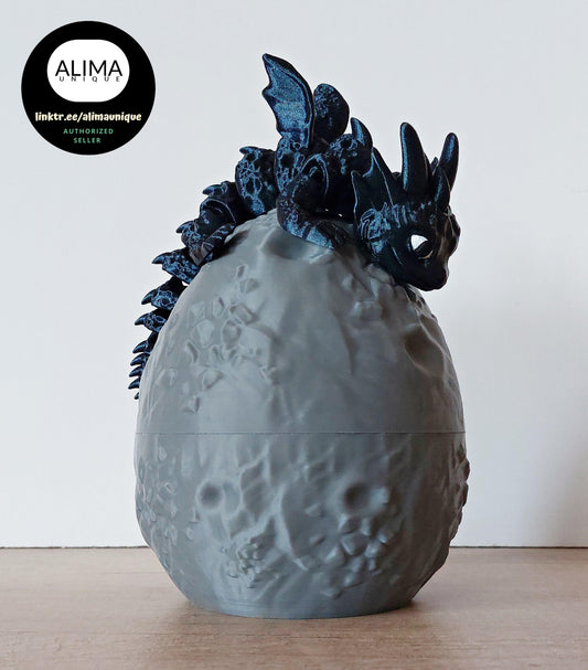 Mond-Drache + Drachenei - Drache und Ei im Mond-Design - Drache: 18 cm lang - petrol-lila glitzernd - voll beweglich - Augen handbemalt - megahobby3dcreations