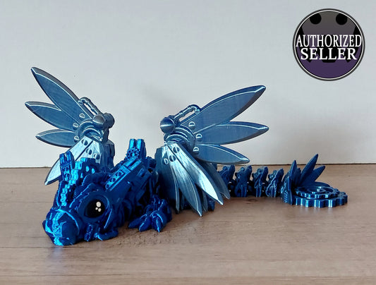 Baby Steampunk Drache mit Flügeln - 32x25x8 cm - blau/silber - Flügel klappbar - Augen Handbemalt - drehbares Rad am Schwanz - 3D-Druck