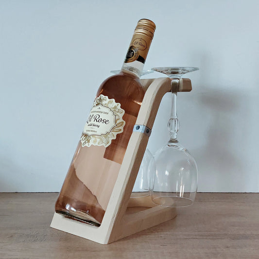 Weinflaschenhalter in Holzoptik aus 3D-Druck | Flaschenhalter mit Glashalter für 2 Weingläser | Geschenk & Deko megahobby