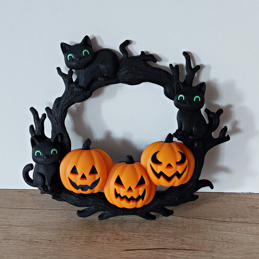 🎃 Halloween-Kranz mit Kürbissen & Katzen – Schwarz – 3D-Druck