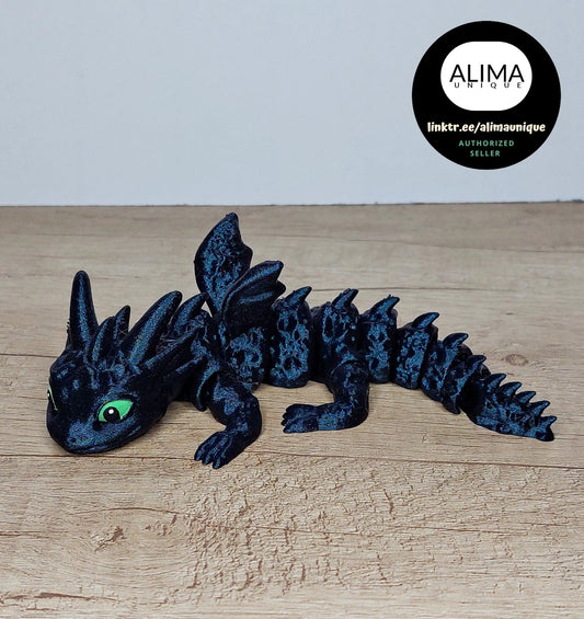 Monddrache aus 3D-Druck | Bewegliche Fantasy-Figur in Petrol | Handbemalte Augen | Deko & Geschenkidee megahobby