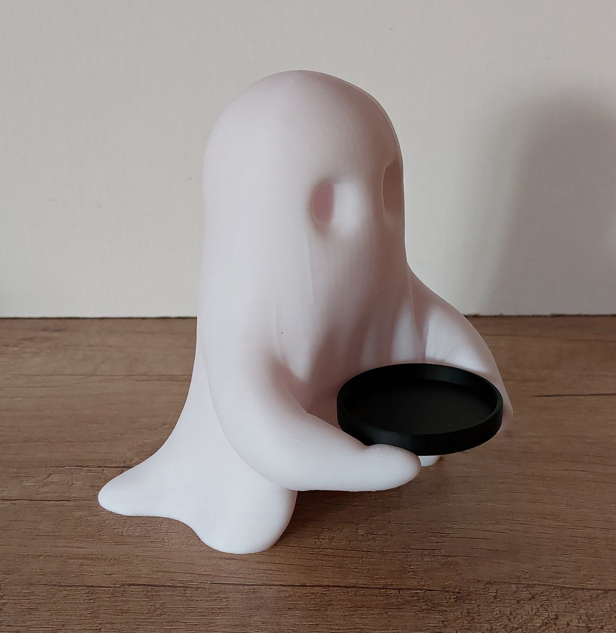 👻 Niedliches Gespenst mit Teelicht-Halter – Weiß mit schwarzem Tablett - für LED-Teelicht