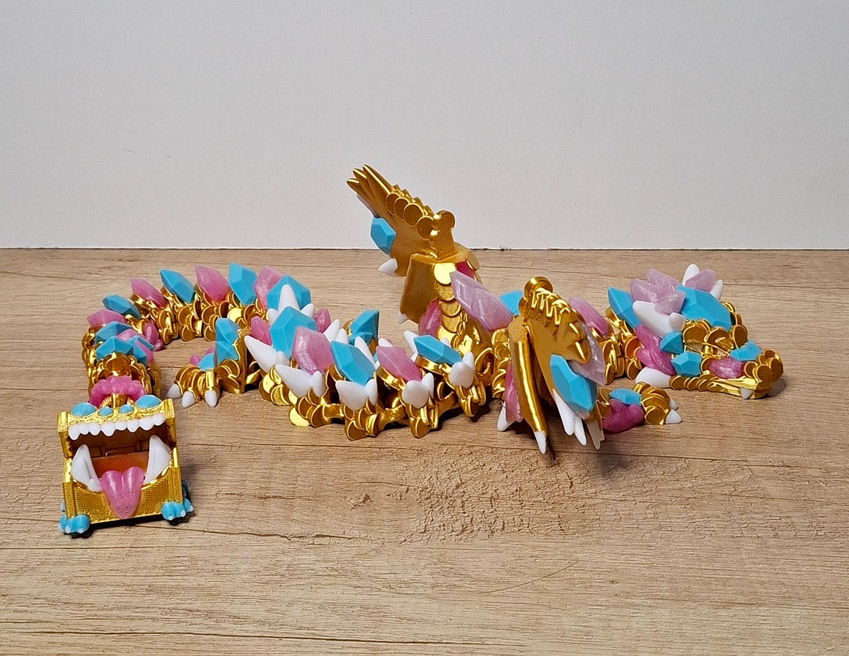 🐉 Geflügelter Schatz-Drache – 3D-Druck in Gold, Türkis & Transparent