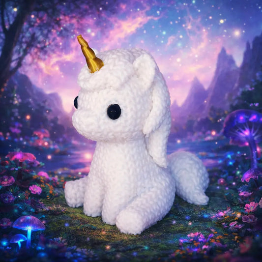 Sitzendes Einhorn im Strick-Look aus 3D-Druck