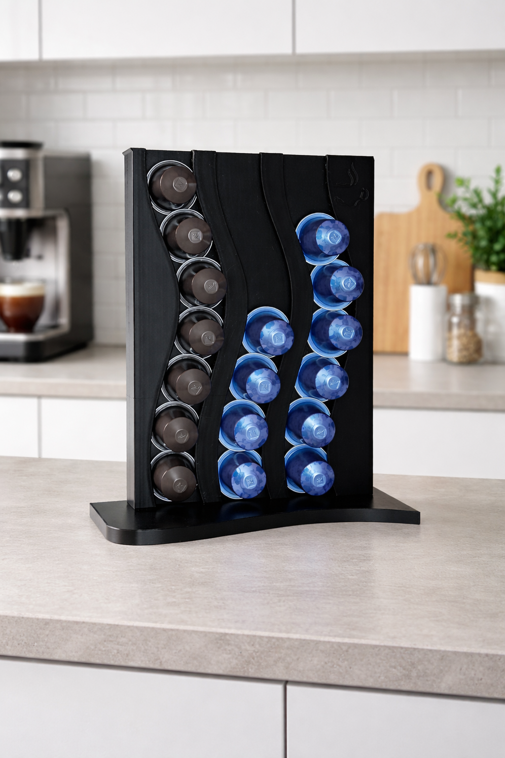 Nespresso® Kapselhalter aus hochwertigem 3D-Druck im modernen Wellendesign für bis zu 21 Original-Kapseln, Maße ca. 21 × 25 × 9 cm.