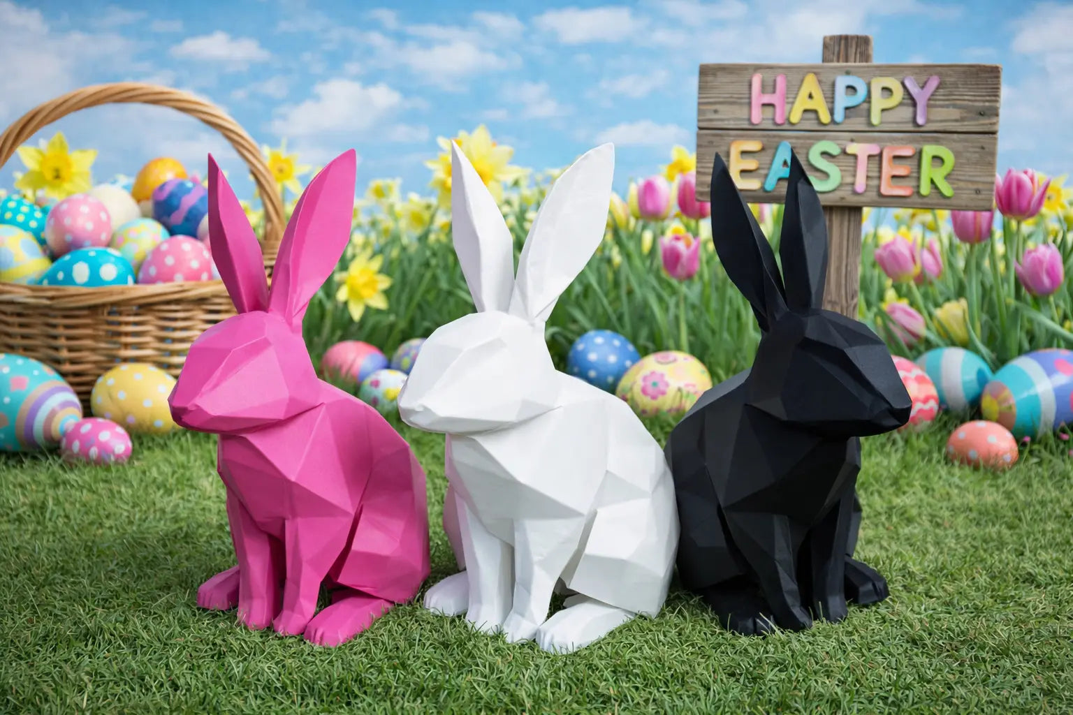 3D printed geometric bunnies in pink, white, and black on grass with Easter eggs and sign