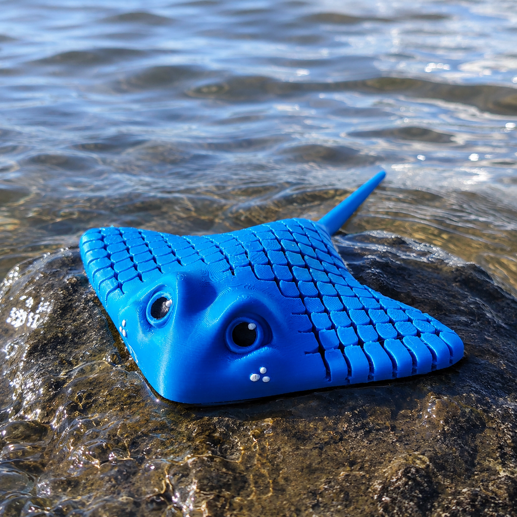 Hellblauer beweglicher Manta Rochen aus hochwertigem 3D-Druck als maritime Dekofigur und Geschenk für Meeres- und Ozeanliebhaber.