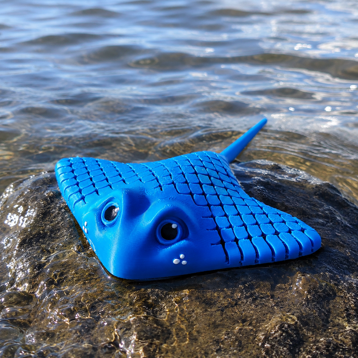 Hellblauer beweglicher Manta Rochen aus hochwertigem 3D-Druck als maritime Dekofigur und Geschenk für Meeres- und Ozeanliebhaber.