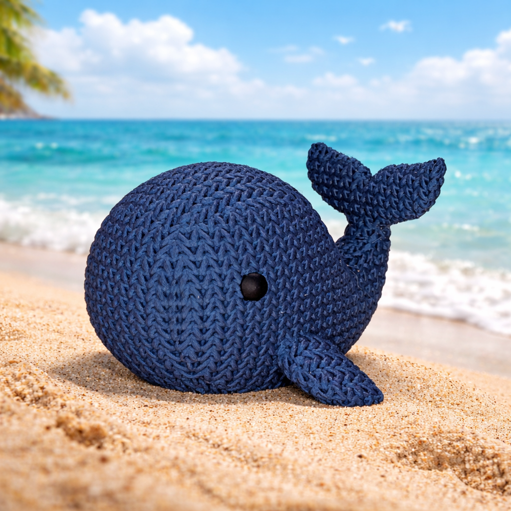Wal im Strick-Look aus hochwertigem 3D-Druck in Navy-Blau, ca. 9 × 7 × 6 cm, als maritime Dekofigur für Wohnzimmer, Badezimmer oder Büro.