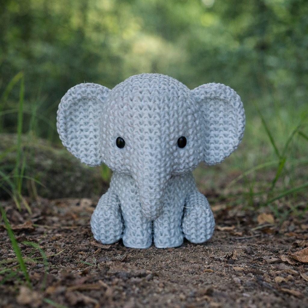 Elefant im Strick-Look aus hochwertigem 3D-Druck in Grau, ca. 6,5 × 6 × 6 cm, als dekorative Tierfigur für Wohnzimmer, Kinderzimmer oder Büro.
