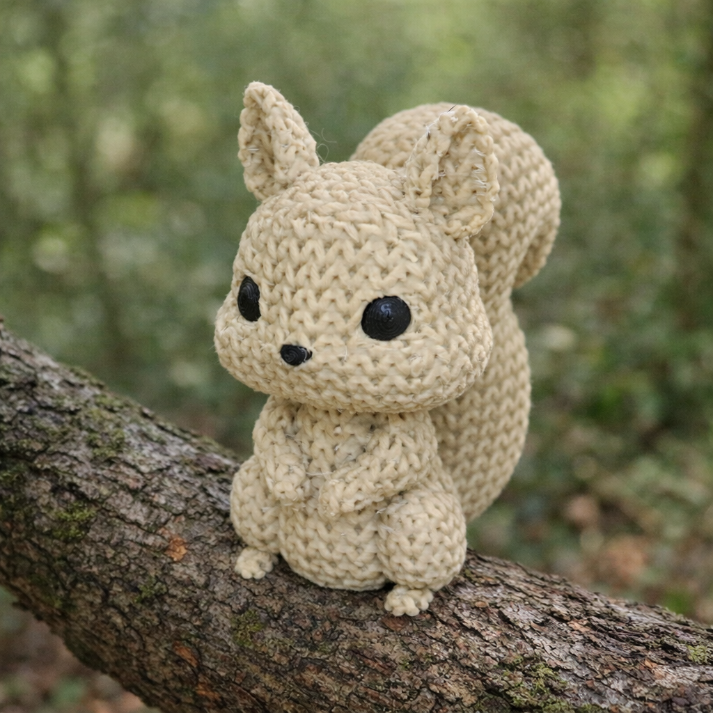 Eichhörnchen im Strick-Look aus hochwertigem 3D-Druck in Braun, ca. 6 × 5 × 6 cm, als dekorative Tierfigur für Wohnzimmer, Kinderzimmer oder Büro.