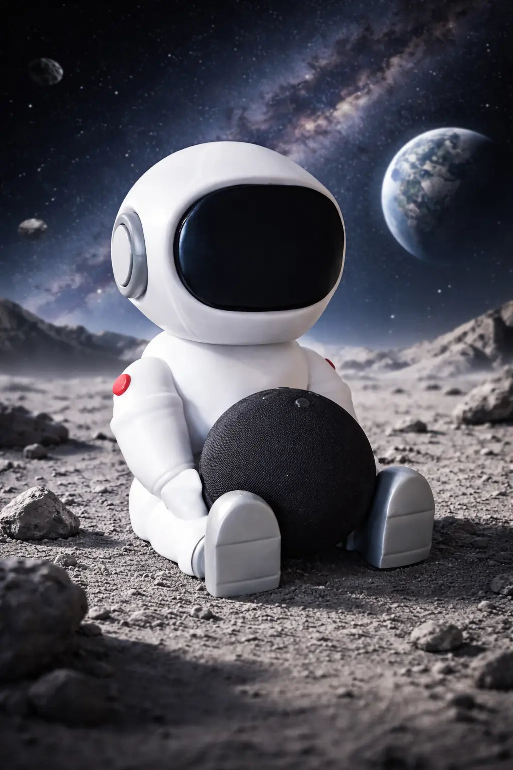 3D-printed astronaut figure on moon with black sphere, Earth and stars in background, megahobby3dcreations