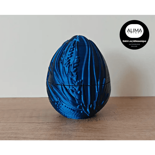 Drachenei - 10 cm hoch - 8,5 cm Durchmesser - mit Ornamenten - blau/schwarz metallic - megahobby3dcreations