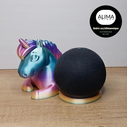 Schlafendes Einhorn als Halter für Echo Dot 5 - 20 cm lang - komplett in Regenbogen pastell schimmernd - 3D-Druck - megahobby3dcreations