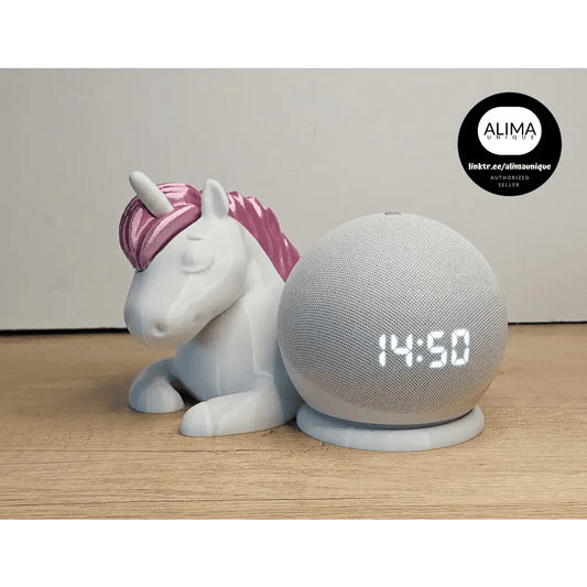 Schlafendes Einhorn als Halter für Echo Dot 5 - 20 cm lang - weiß mit Mähne & Schweif in hellblau/rosa/flieder schimmernd - 3D-Druck - megahobby3dcreations