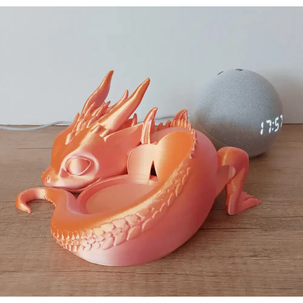 Süsser Drache kompatibel zu Alexa Echo Dot 5 - pink/gold metallic - 3D-Druck - 21x9x19 cm - megahobby3dcreations
