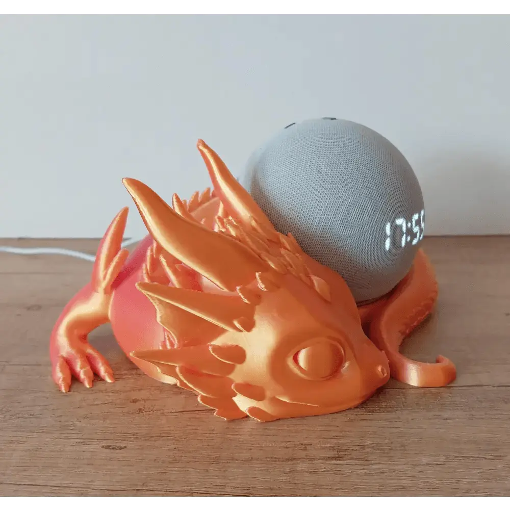 Süsser Drache kompatibel zu Alexa Echo Dot 5 - pink/gold metallic - 3D-Druck - 21x9x19 cm - megahobby3dcreations