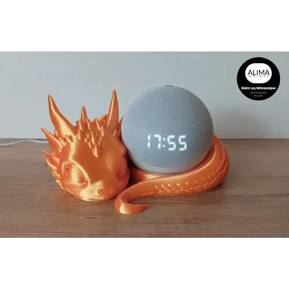 Süsser Drache kompatibel zu Alexa Echo Dot 5 - pink/gold metallic - 3D-Druck - 21x9x19 cm - megahobby3dcreations