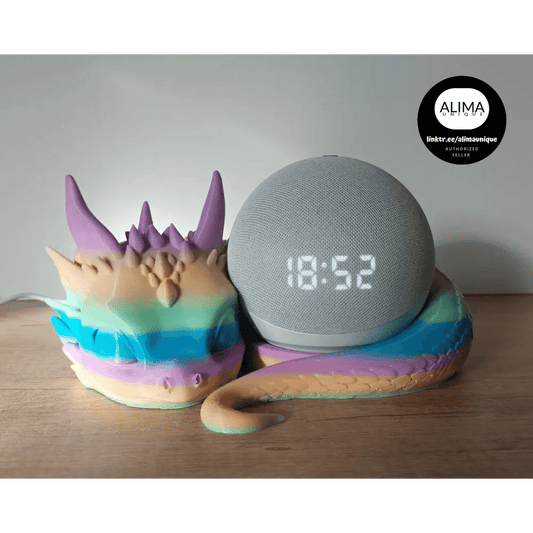 Süsser Drache kompatibel zu Alexa Echo Dot 5 - Regenbogen pastell matt - 3D-Druck - 21x9x19 cm - megahobby3dcreations