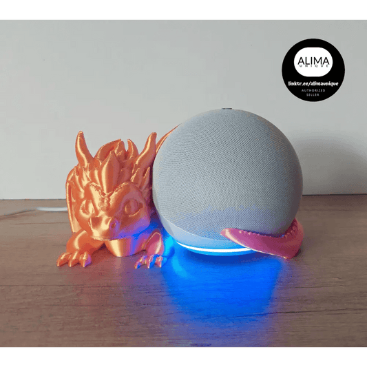 Süsser geflügelter Drache - kompatibel zu Alexa Echo Dot 5 - pink/gold metallic - ca. 11 x 14 x 18 cm - megahobby3dcreations