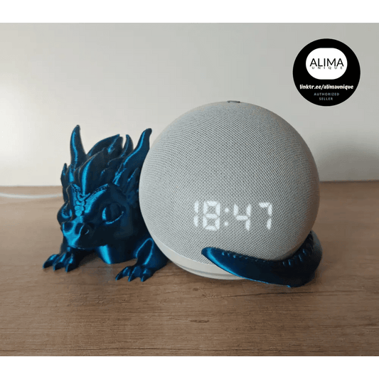 Süsser geflügelter Drache - kompatibel zu Alexa Echo Dot 5 - blau/schwarz metallic - ca. 11 x 14 x 18 cm - megahobby3dcreations