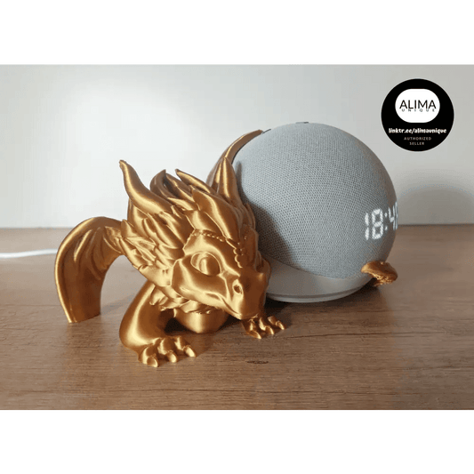 Süsser geflügelter Drache - kompatibel zu Alexa Echo Dot 5 - gold - ca. 11 x 14 x 18 cm - megahobby3dcreations