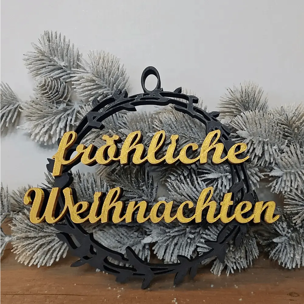 Weihnachtskranz "Zweig" - fröhliche Weihnachten - schwarz mit goldener Schrift - 19 cm - megahobby3dcreations