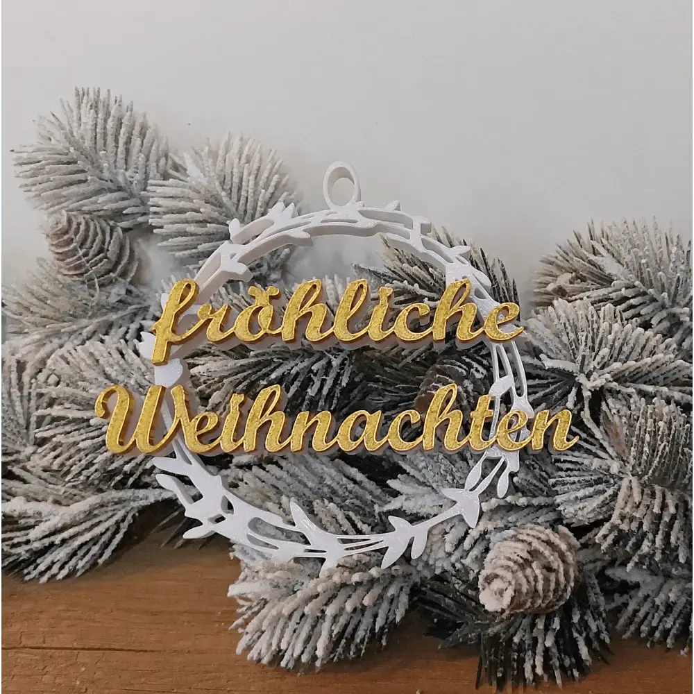 Weihnachtskranz "Zweig" - fröhliche Weihnachten - weiss mit goldener Schrift - 12,5 cm - megahobby3dcreations